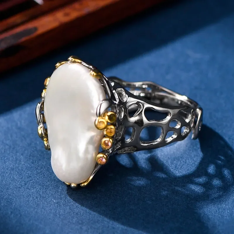 Genuine s925 sterling silver rings for Women New Fashion exaggerate Baroque freshwater pearl micro inlay zircon hollow jewelry