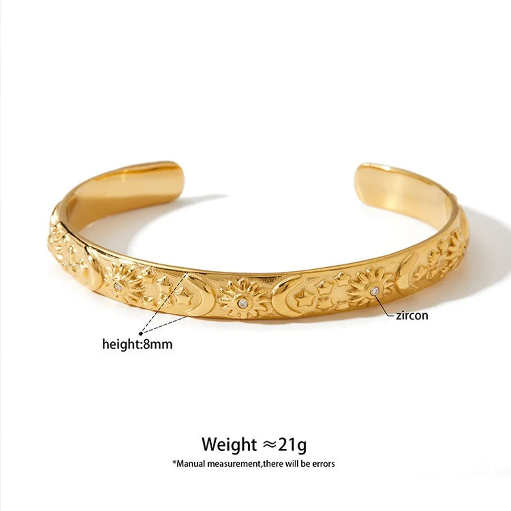 Luxury Stainless Steel Sun Moon Star Opening Bangle Bracelets Design Waterproof Zircon 18K Gold Plated Bracelet Charm Jewelry