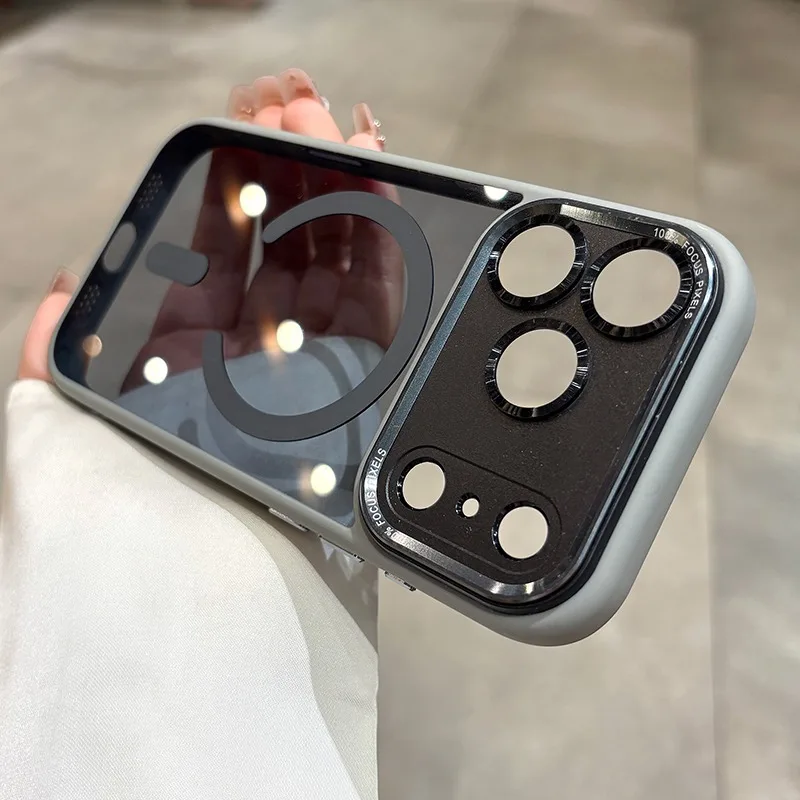 Sleek Clear Acrylic Magnetic Phone Case with Metal Frame and Wireless Charging Compatibility