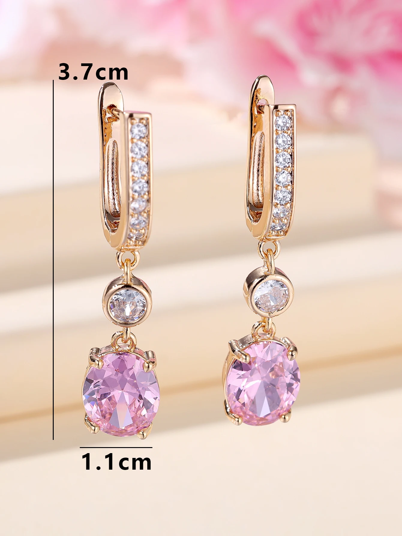 Pink Crystal Oval Stone Pendant White Zircon Hoop Earrings For Women Gold Color Ear Buckle Wedding Jewelry Engagement Party Gift