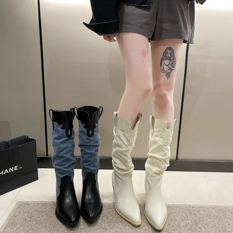 2023 New Western Cowboy Boots for Women Autumn Winter Pointed Toe Sewing Patchwork Med Heel Long Female Shoes Ethnic Style