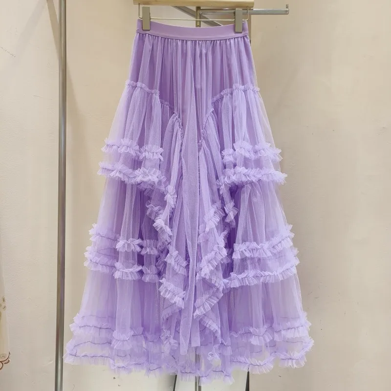 

Новинка Весна 2023, тонкая многослойная юбка из высококачественного тюля, Волшебная длинная сетчатая юбка с асимметричными оборками