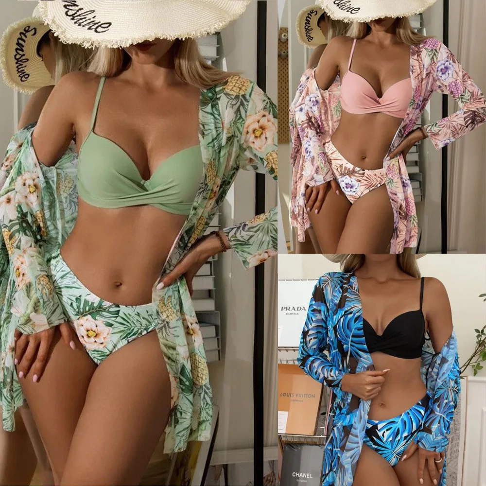 Grüne Bikinis mit Blumen druck setzt dreiteilige Badeanzüge Frau neue Push-up-Bade bekleidung Frauen Reiß verschluss Monokini Frauen Badeanzug