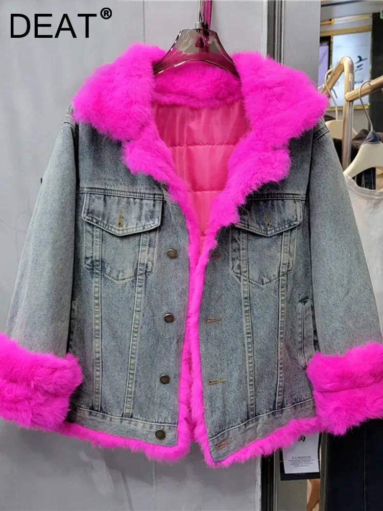 

DEAT Women's Denim Coat Patchwork Contrast Color Plush Long Sleeve Cotton-padded Thick Jackets 2023 Winter New Fashion 29L4042