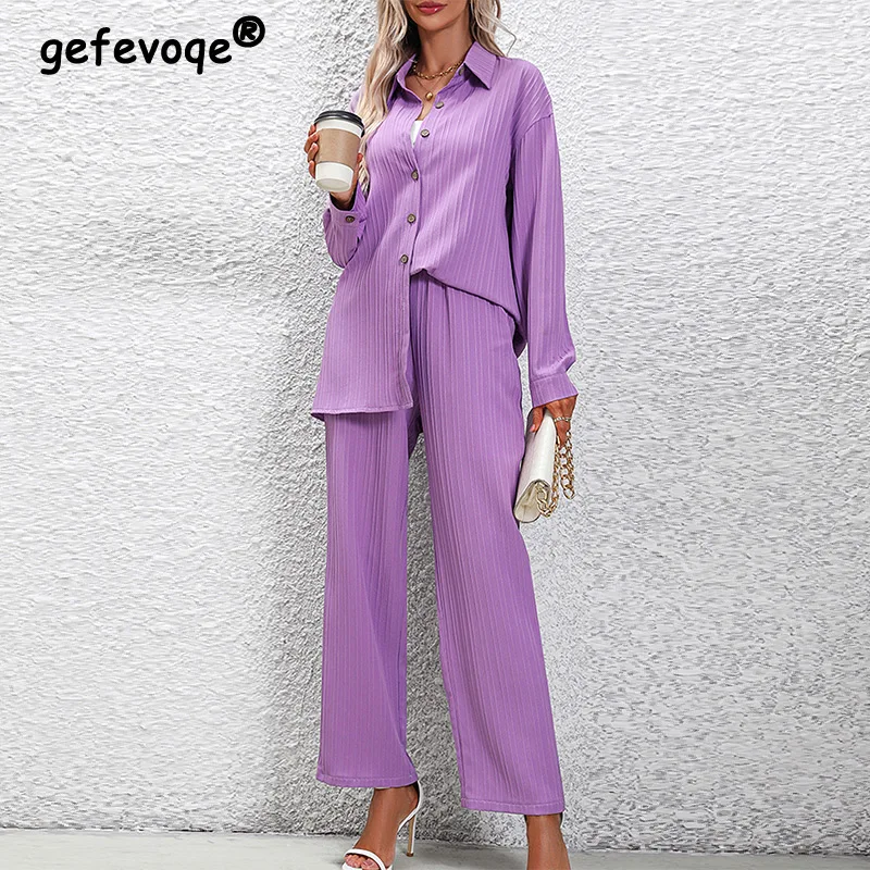 Spring Autumn Loose Casual Fashion Solid Color Buttons Shirt Straight Pants Set Women Fashion Simple Folds Blouse Trousers Suit summer men top trousers two piece set ice silk o neck solid color drawstring buttons neckline top lace up pants streetwear