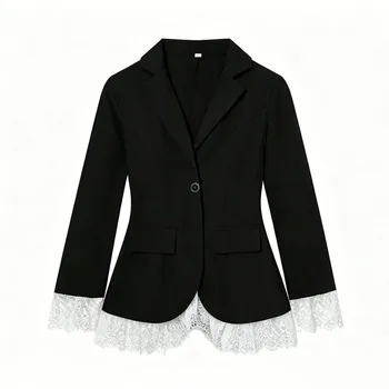 New Spring Autumn Lace Patchwork Blazer Women Coats Elegant Long Sleeve Single Button Outerwears Office Lady Suit Coats Jacket 1
