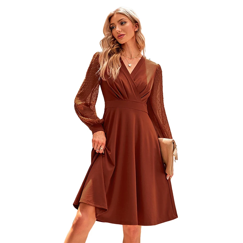 

Elegant women's autumn and winter new casual V-neck solid color jacquard long sleeved dress