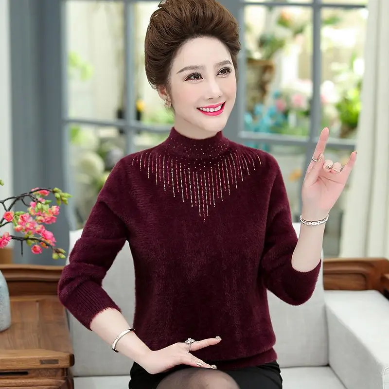 

Middle-aged and Elderly Women's Autumn Winter Long Sleeve O-neck Pullover Warm Bottom Shirt Korean Fashion Sweater Knitwear L29