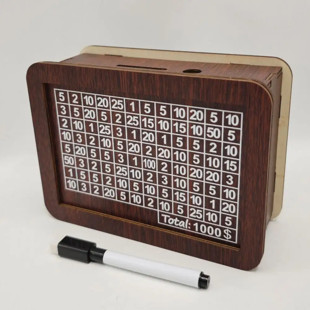 Wooden Money Box with Counter Marker Pen Vintage Piggy Bank Numbers Coin Cash Container Money Saving Challenges Box 5