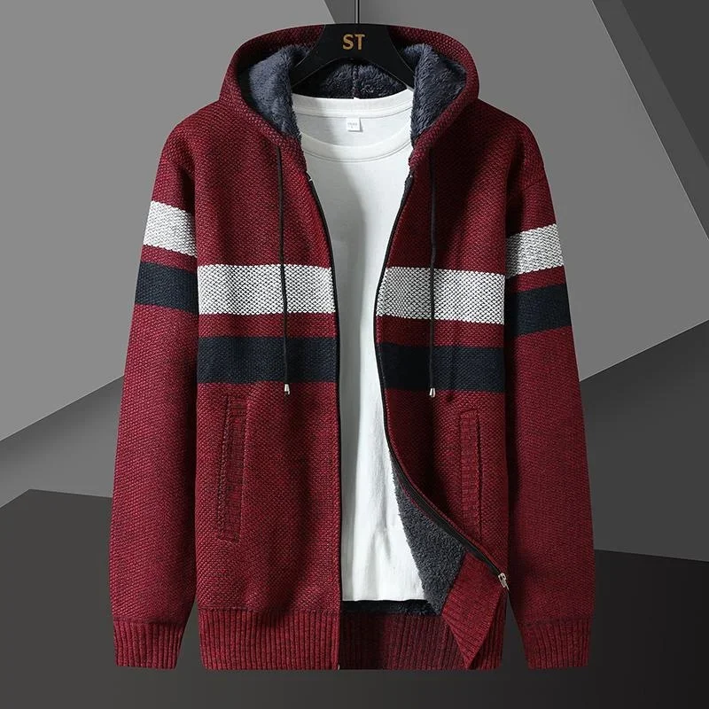

Winter Casual Hooded Jacket Men 2023 New Thicken Plus Velvet Cardigan Sweater Coat Stripe Jacket Male M-4XL
