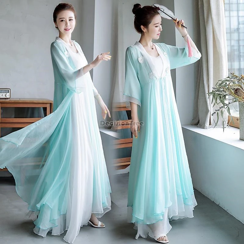 

2024 chinese style vintage fairy daily hanfu set simple v-neck inner suspended dress stereoscopic flower gradient gauze dress