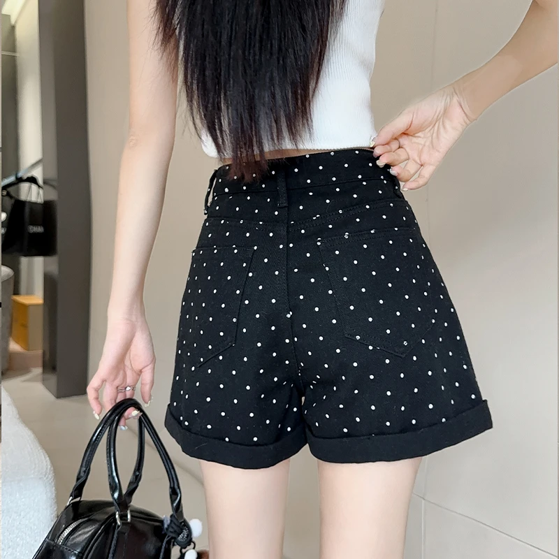 웨이브 도트 프린트 데님 반바지, 하이웨이스트 와이드 레그 데님 팬츠, 여성 패션, 블랙, 화이트, 핑크, 여름, 2024 신상