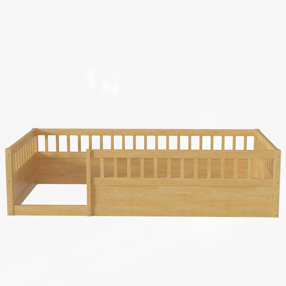 Twin Size Montessori Bed with Fence Toddler Floor Bed Frame with High Rails For Children Bedroom Toddlers Boys Girls ROOMTEC