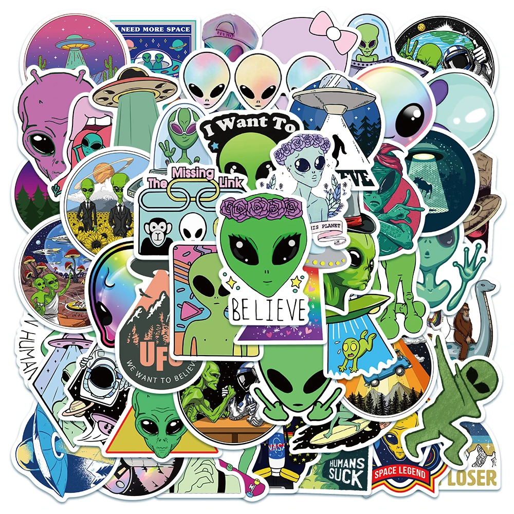 

10/50Pcs Cartoon Alien UFO Stickers Waterproof Graffiti Decals For Luggage Scrapbook Bike Helmet Fridge DIY Stickers Kids Toy