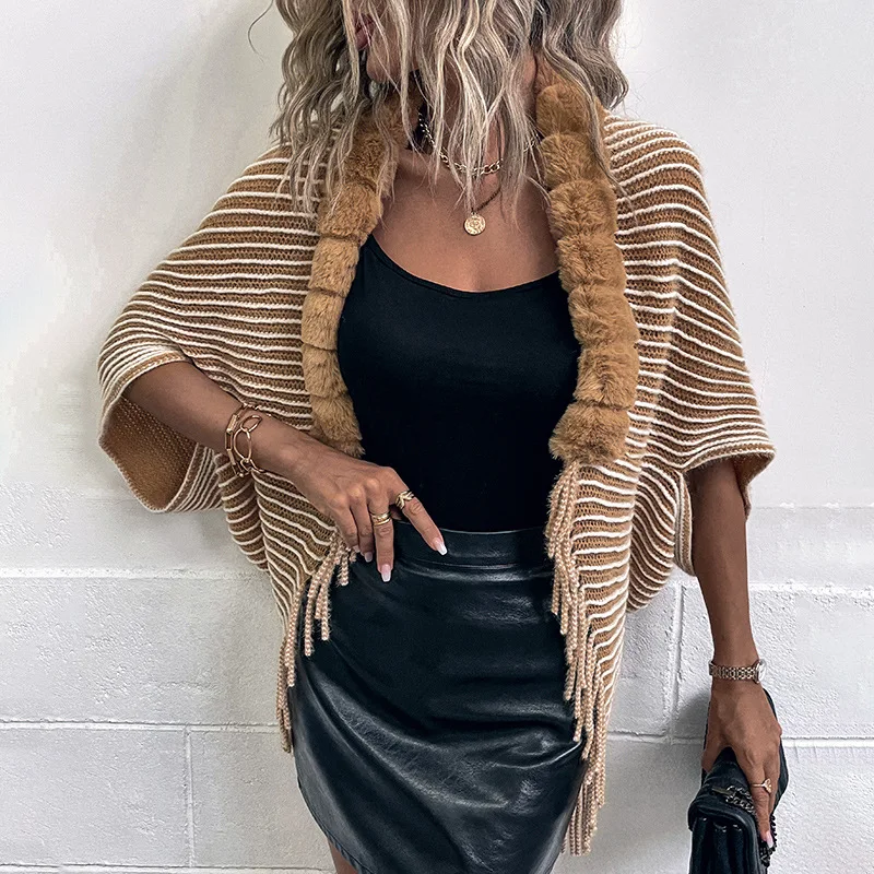 

YEMOGGY Chic Tassel Casual Loose Knitted Sweater Cardigan Shawl Winter Women's Cardigans 2023 NEW V-neck Stripe Shawl Coat Cape