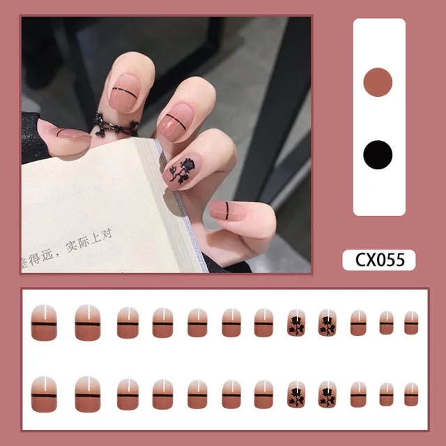 24pcs/box Fake Nails Press on Short Reusable with Designs Set French Artificial Pink False Tipsy Stick-on Nails Tips Art CX055