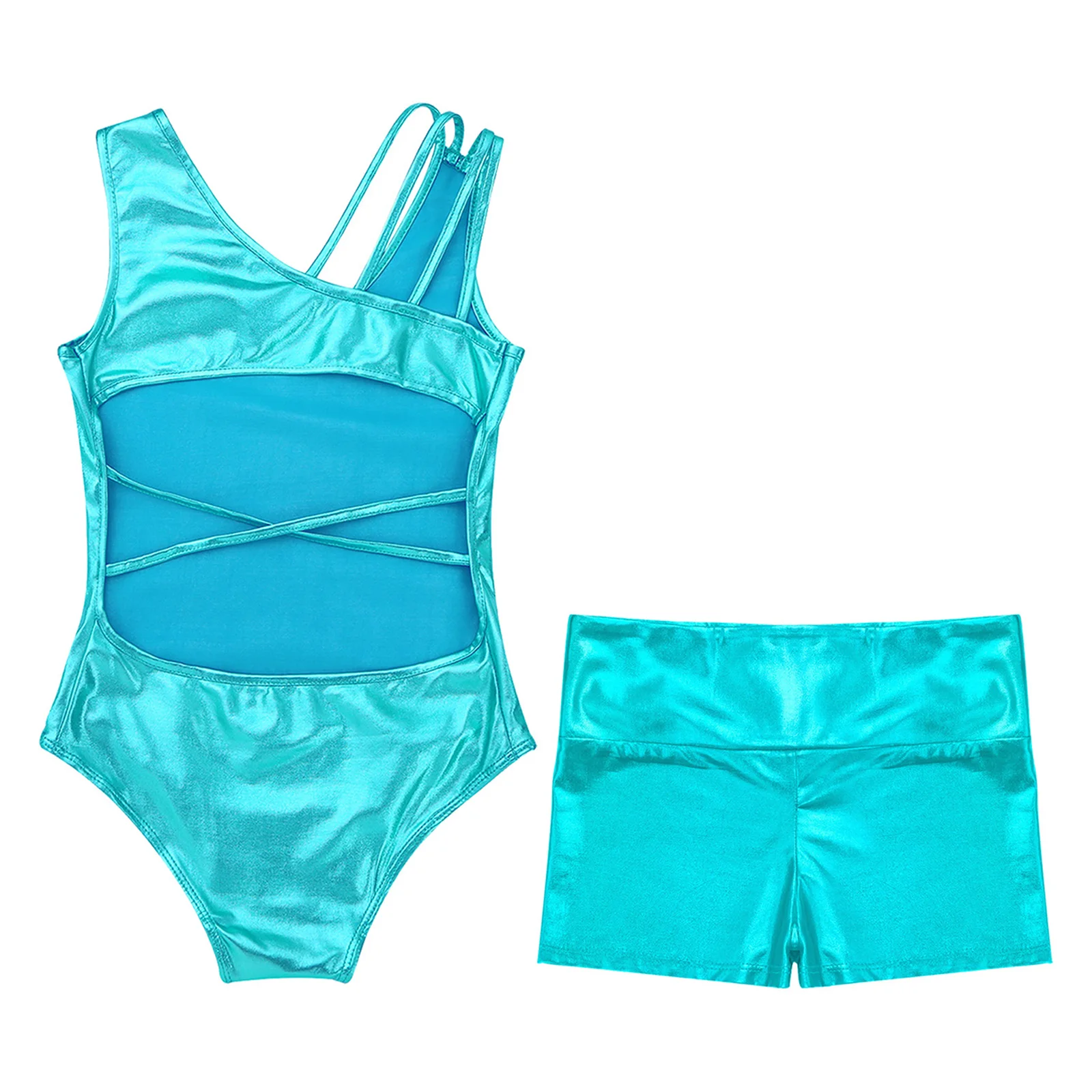 2023 Kids Girls Ballet Dance Suits Metallic Shiny Sleeveless Open Back Straps Glittery Leotard Jumpsuit with High Waist Shorts