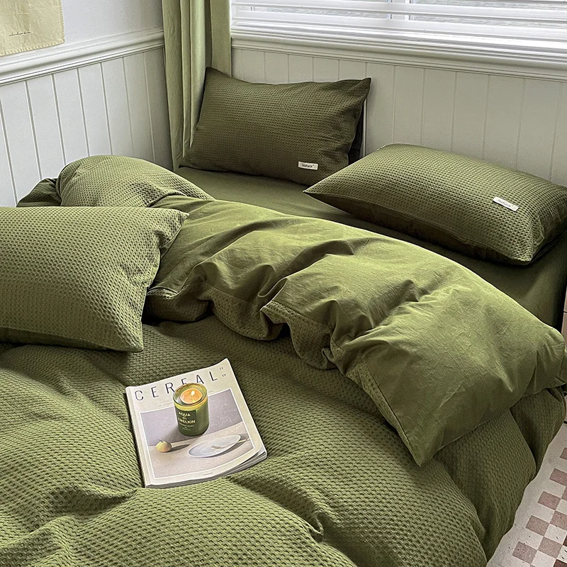 Simple Waffle Jacquard 100% Cotton Bedding Set Soft Comfortable Queen Duvet Cover Set with Sheets Quilt Cover and Pillowcases 4