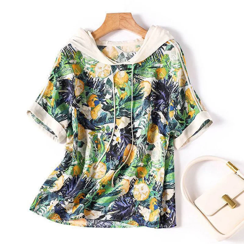 

Vintage Printed Hooded Spliced All-match Blouse Women's Clothing 2023 Summer New Oversized Casual Pullovers Loose Korean Shirt