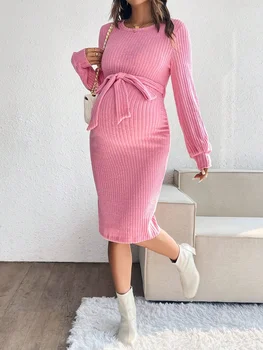 Pink Ribbed Knit Maternity Dress, Long Sleeve Tie Waist Form-Fitting Casual Midi Dress for Pregnant Women