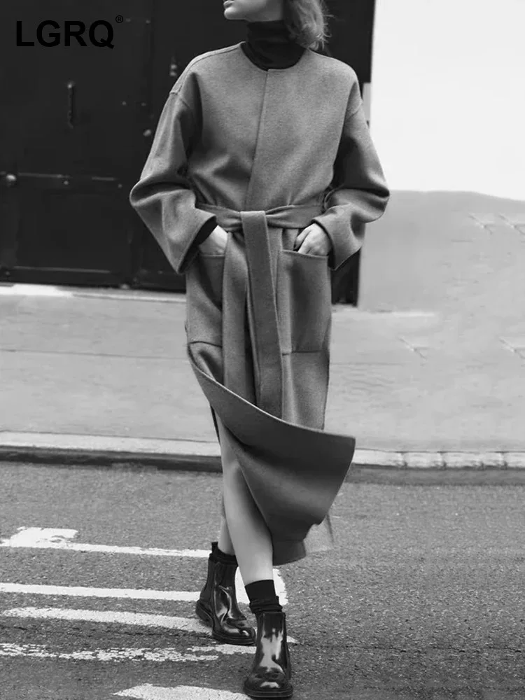 

LGRQ 2024 Spring Fashion Elegant Tie Up Waist Design Casual Long Woolen Trench Coat Women's High Quality Trendy Clothes 19Z1602