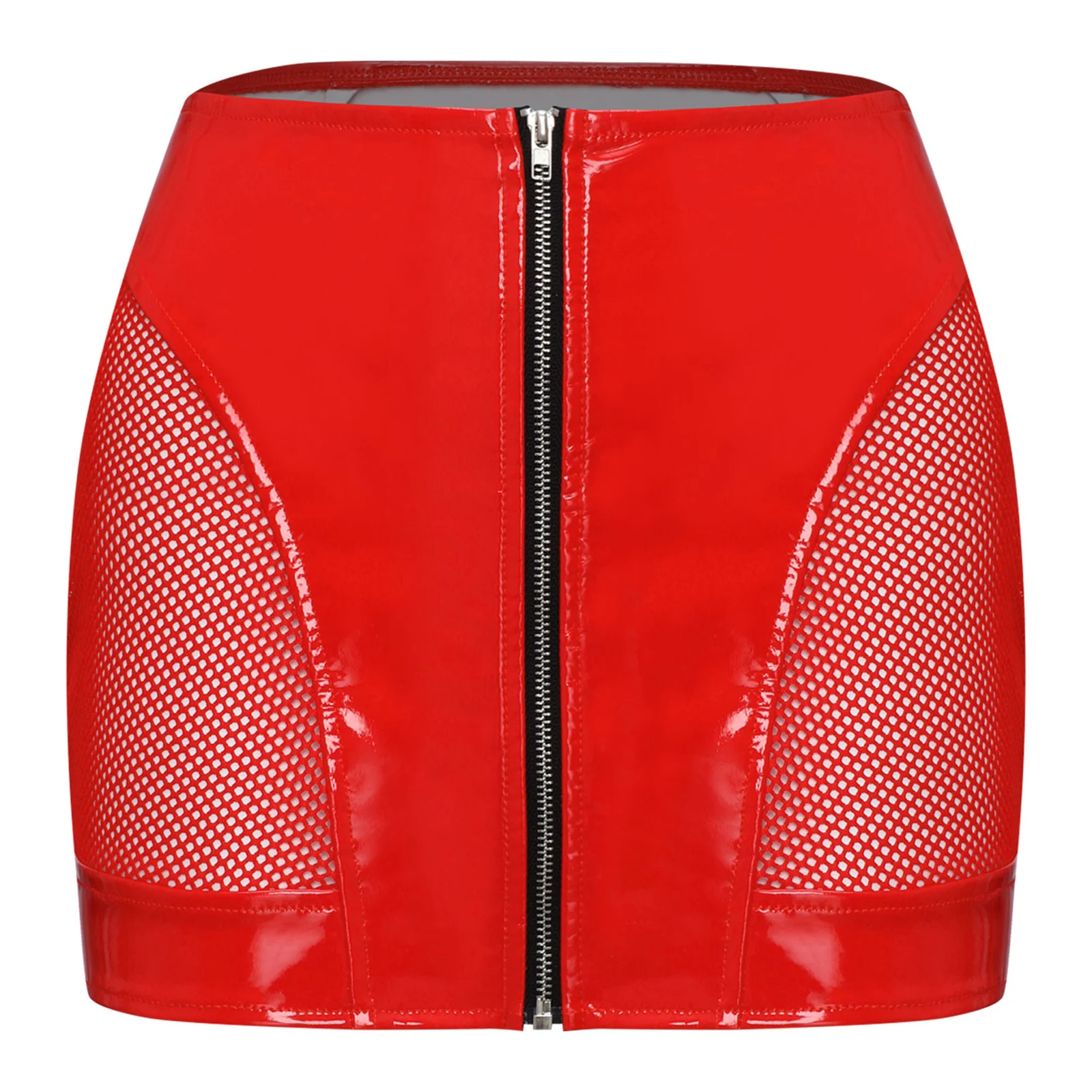 Womens Glossy PU Leather Latex Miniskirt Side Sheer Mesh Front Zipper High Waist Wet Look Bodycon Skirt Rave Party Clubwear