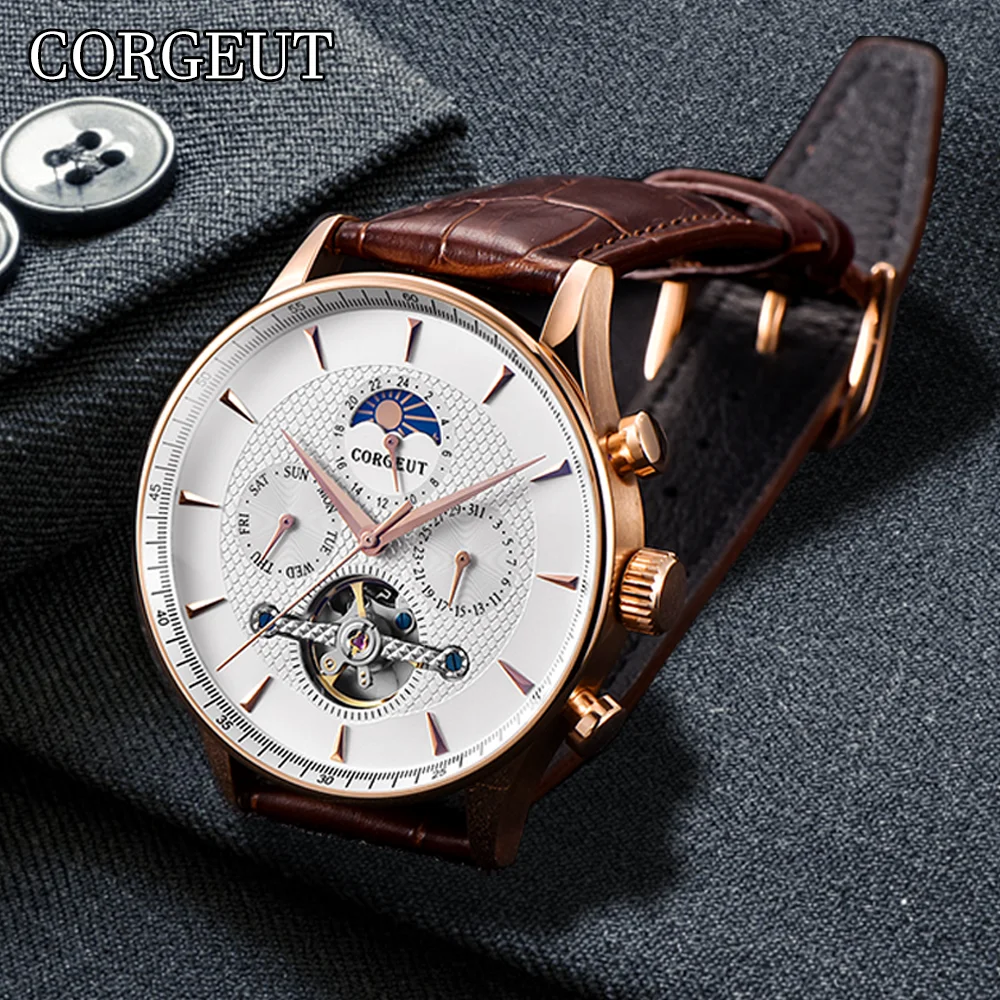 

CORGEUT 44mm Business Fashion Luxury Mens Watch Waterproof Mineral Glass Automatic Mechanical Week Date Moon Phase Watch for Man