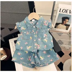 2024 Summer Girls Floral Printing Denim Suits Baby Girl Fashion Sleeveless Top Shirts+Shorts Two-piece Clothing Sets