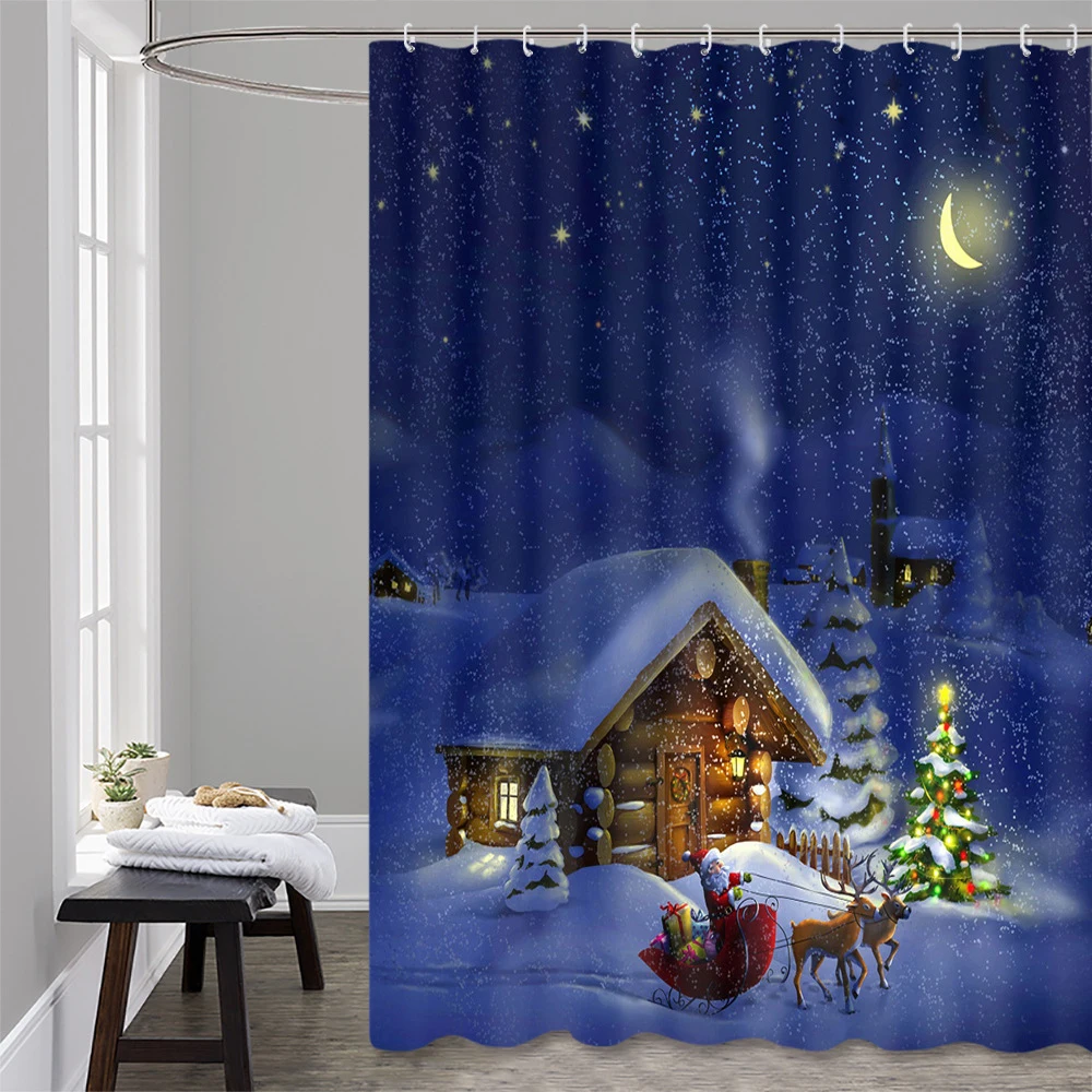 

Cute Elk Reindeer Snowman Shower Curtain Christmas Lighthouse House Merry Xmas Snow Tree Bathroom Deco with Hook Bath Curtains