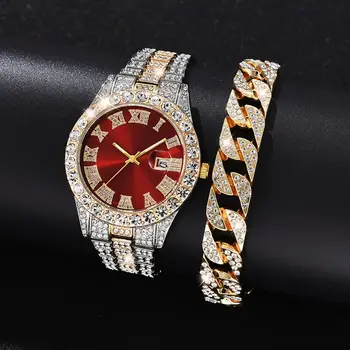 2pcs Fashion Diamond Men Women Watches Gold Watch Ladies Wrist Watch Luxury Rhinestone Unisex Bracelet Watches Female Clock