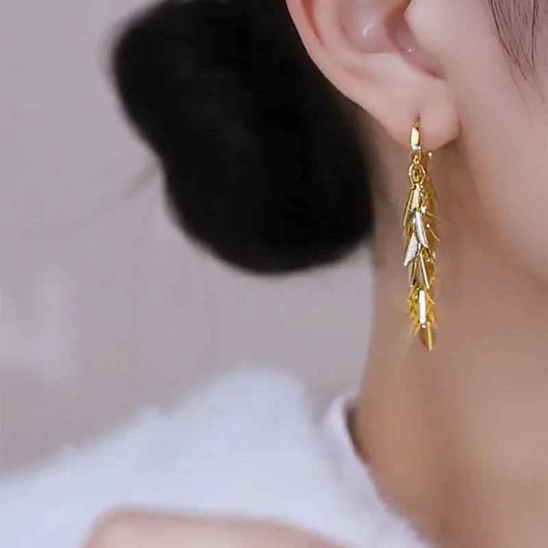 S3388cf171e3445feb80ec3c5ce2df0a9P Korean new design fashion jewelry 18K gold plated love ears leaves tassels earrings luxury women's dance party accessories Mallzona