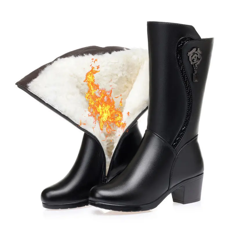 2025Winter Women's Boots Plush Warm Snow Boots Fashion Mid-calf High Heel Boots for Women High-quality Leather Boot Botas Mujer