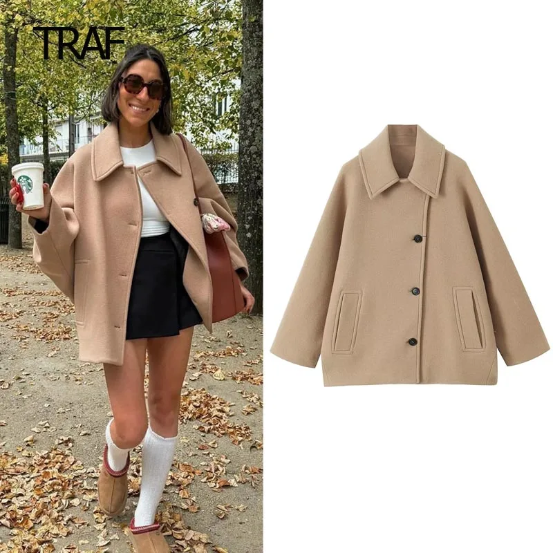 

TRAF Wool Blend Coat Demi-Season Women Bomber Coat 2023 Long Sleeve Top New In Outerwear Elegant Luxury Designer Clothing Women