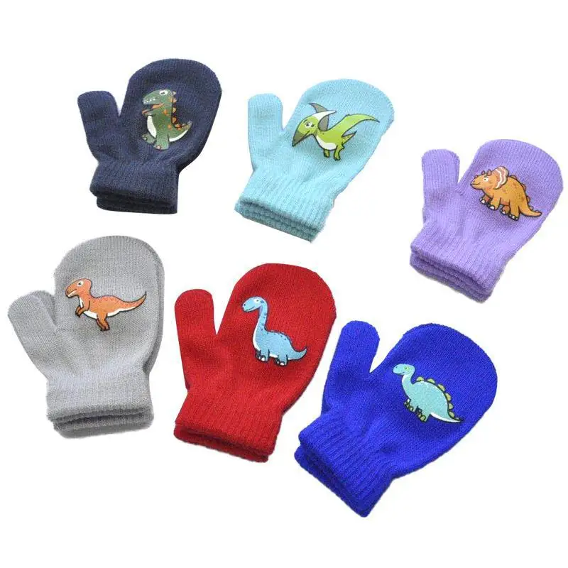 1-3Y Children Winter Thicken Plush Warm Gloves Boy Girl Kid Dinosaur Solid Knitted Mittens Outdoor Cycling Skiing Gloves