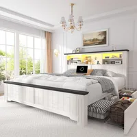 EnHomee Queen Bed Frame with Headboard and Storage, 4 Drawers & LED & USB Bed Frame Queen Size with Storage Farmhouse, Built in 1