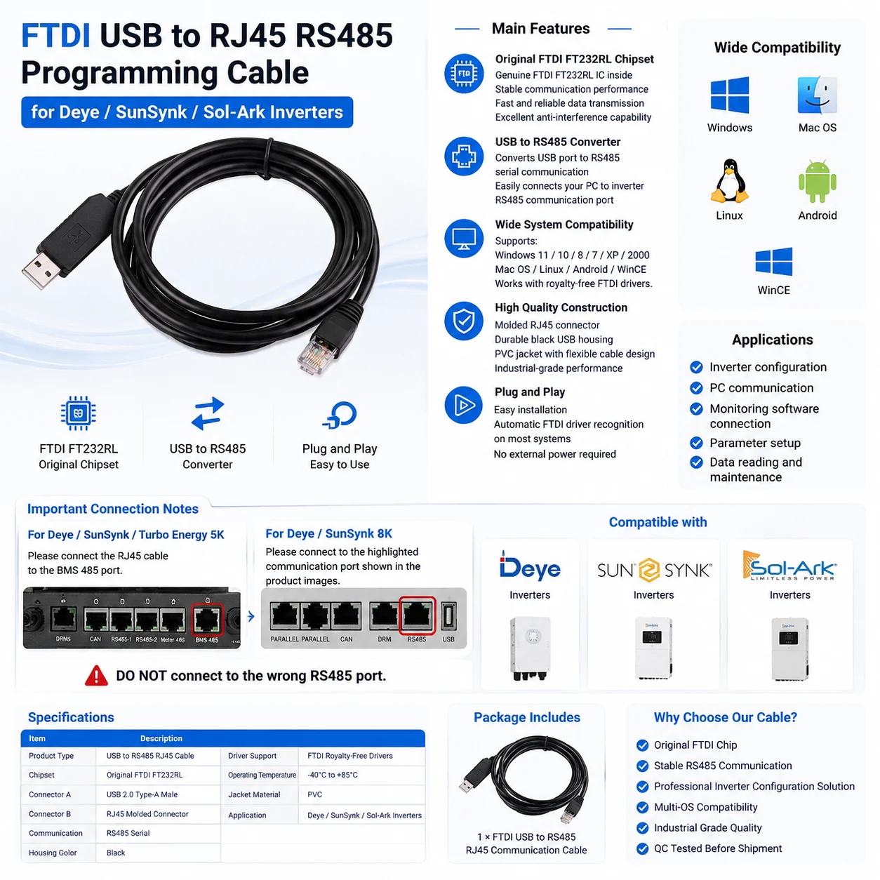 FTDI USB-RJ45 RS485 프로그래밍 케이블 (데이 선싱크 솔-아크 인버터 모니터링 통신 케이블)