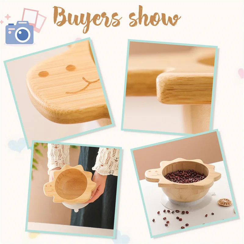 Baby Wooden Tableware Set Dinosaur Bamboo Wooden Plate Bowl Silicone Suction Wooden Handle Fork Spoon for Children Feeding Gift 4
