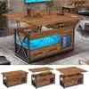 4 in 1 Coffee Tables with Storage Cabinet for Living Room, Small Farmhouse Coffee Table with 2 Fabric Drawers & LED Light 1