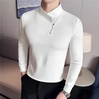 Spring Autumn Fashion Zipper T-Shirt Men Slim Fit Elastic Casual Tees Tops Men Solid Color Mock Neck Youthful Vitality T Shirts 1