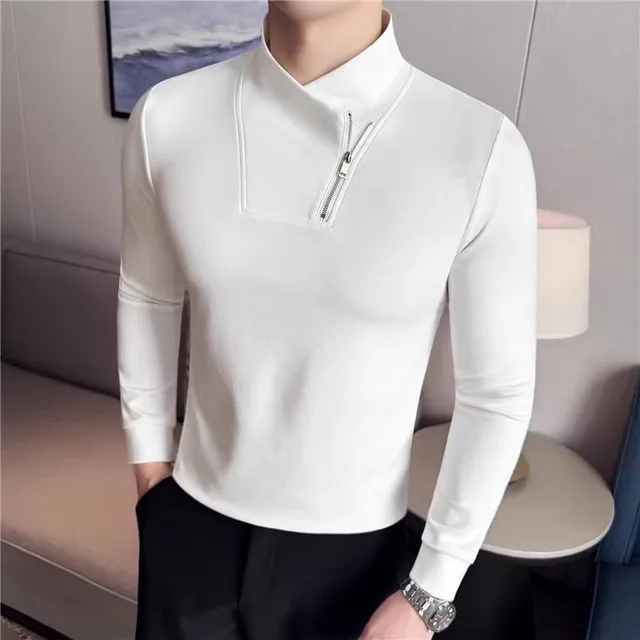 Spring Autumn Fashion Zipper T-Shirt Men Slim Fit Elastic Casual Tees Tops Men Solid Color Mock Neck Youthful Vitality T Shirts 1