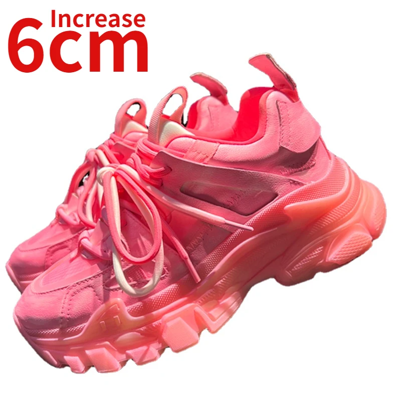 

Genuine Leather Increase 6cm Sneakers Dad Shoes Women's Thick Sole Mesh Breathable Sports Shoes Pink Elevated Casual Shoes Women