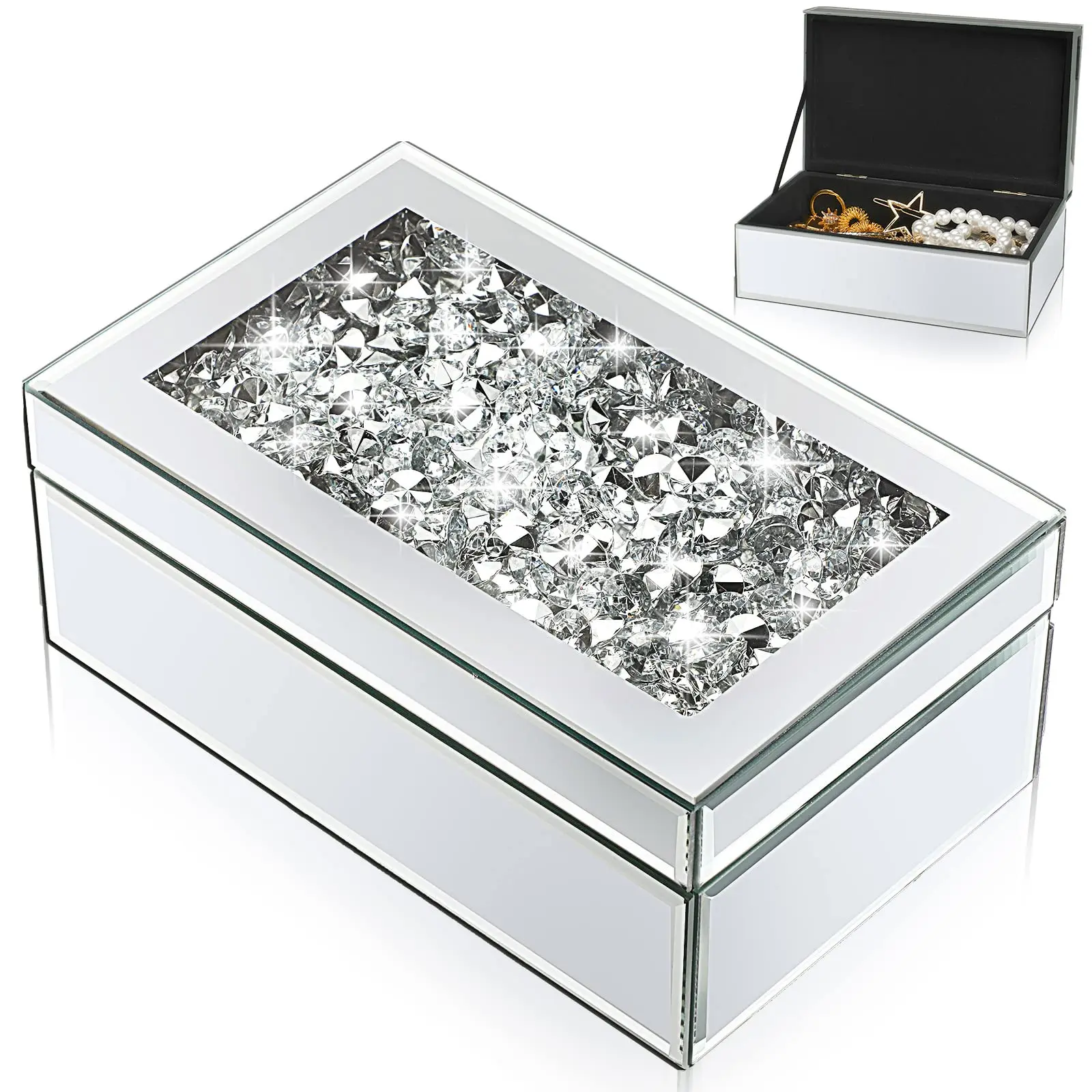 Luxury Crystal Glass Mirrored Jewelry Box Trinkets Watch Case Storage ...