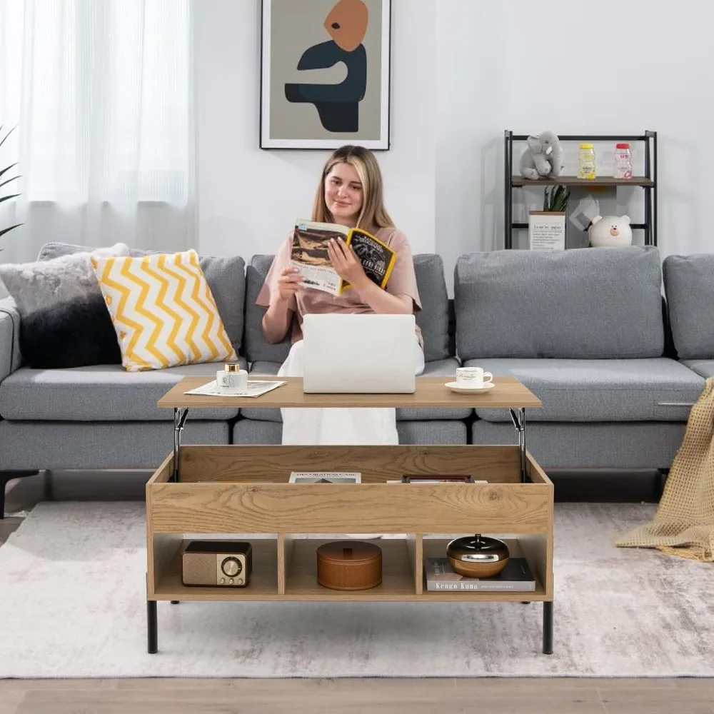 Lift Top Coffee Table - Rectangular Wooden Table w/Hidden Compartment & Open Storage Shelves, Multifunctional Modern Flip Table 3