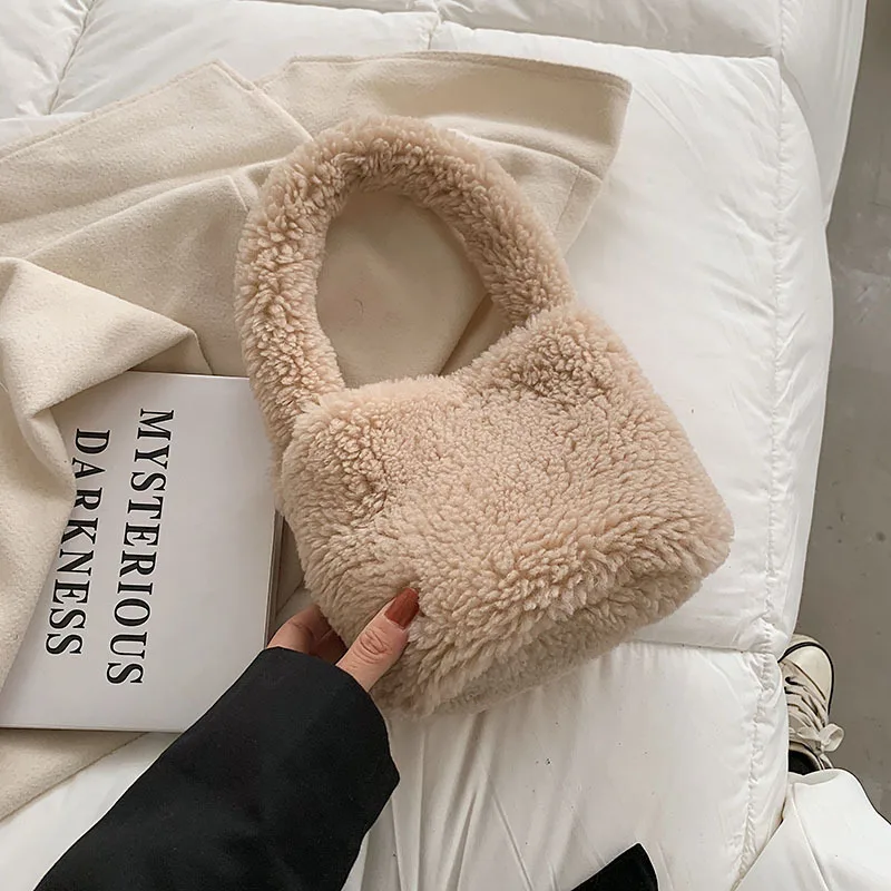 Autumn Winter Lamb Wool Bag Female Mini Furry Handbag Ladies Plush Bucket Bag Small Basket Totes