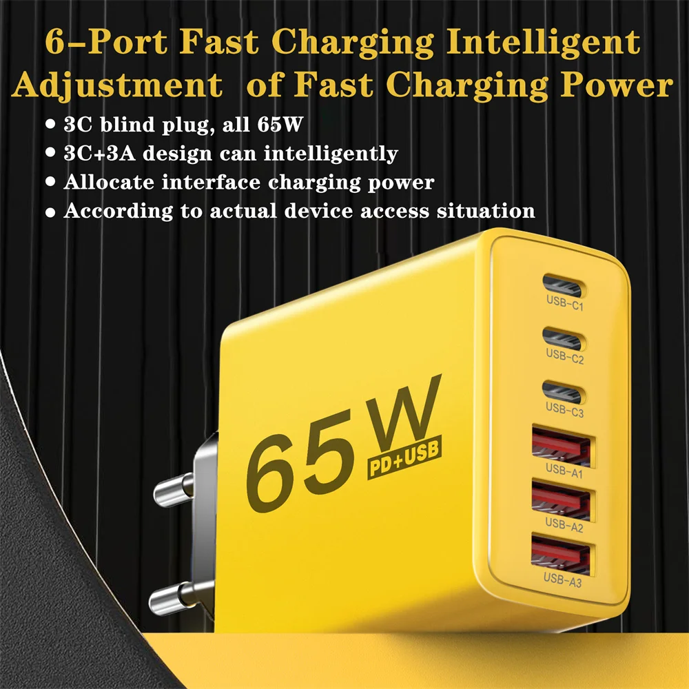 Total 65W USB C Charger Multiple 6 Ports Type C PD Fast Charging Mobile Phone Wall Adapter for iPhone 16 15 Pro Xiaomi Samsung BEST SELLERS