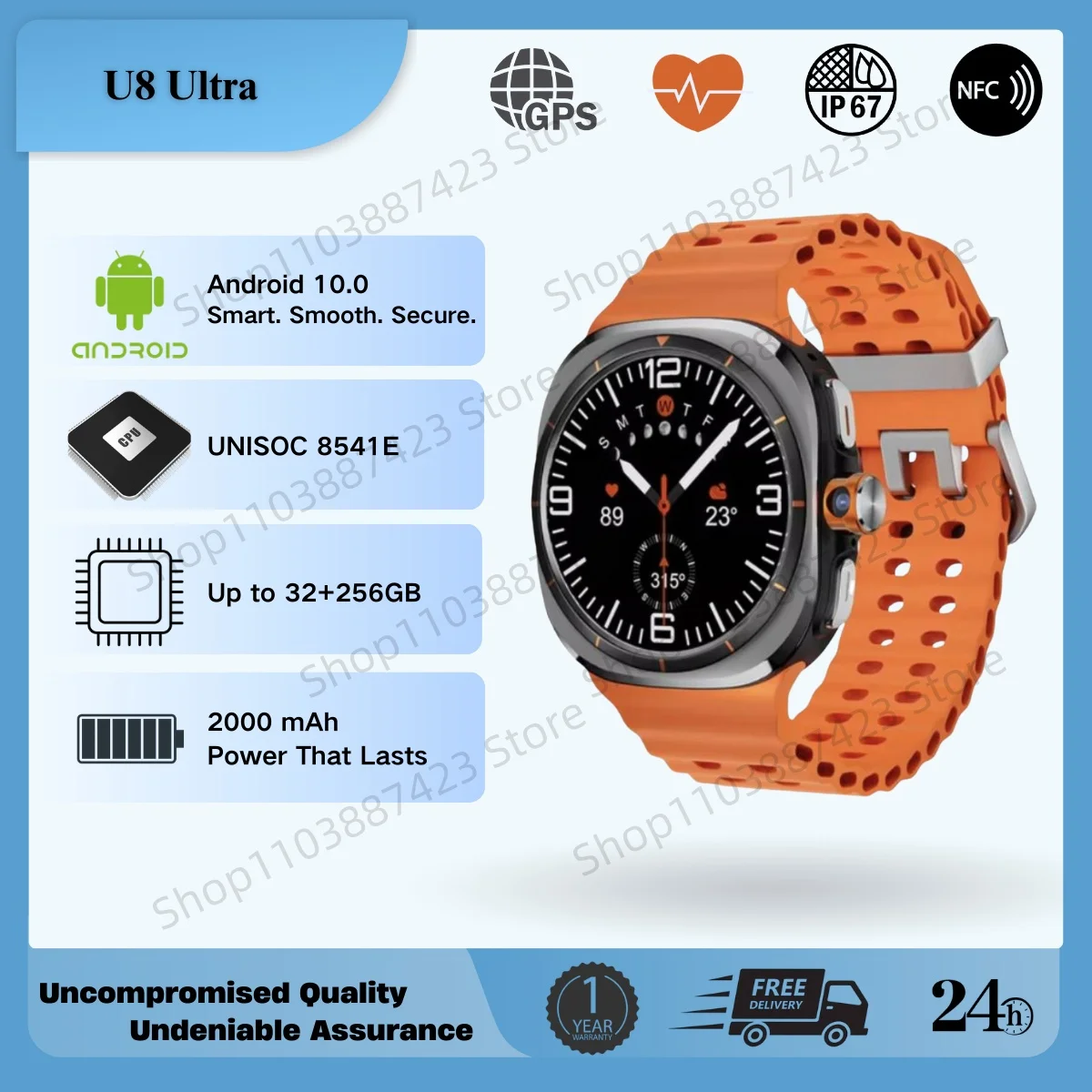 New Watch U8 Ultra Smart Watch Video Call Smartwatch 4G/5G Sim Card GPS WIFI Rotary Camera Global Calling For Galaxy Google map 1