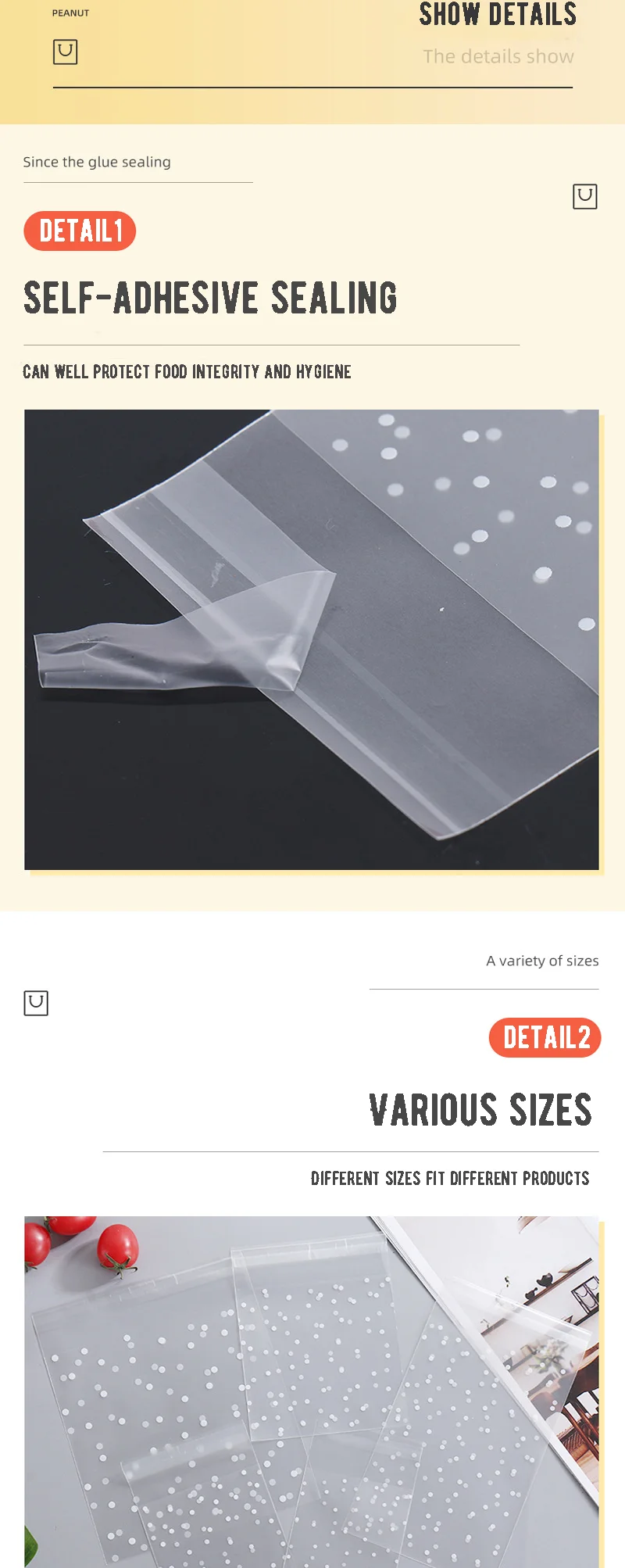 100pc Zellophan selbst klebende Tasche Punkte Plastiktüten gegenüber versiegelten Schmuck Geschenke Süßigkeiten Kleidung Kuchen Verpackung transparente Beutel – Detail 2