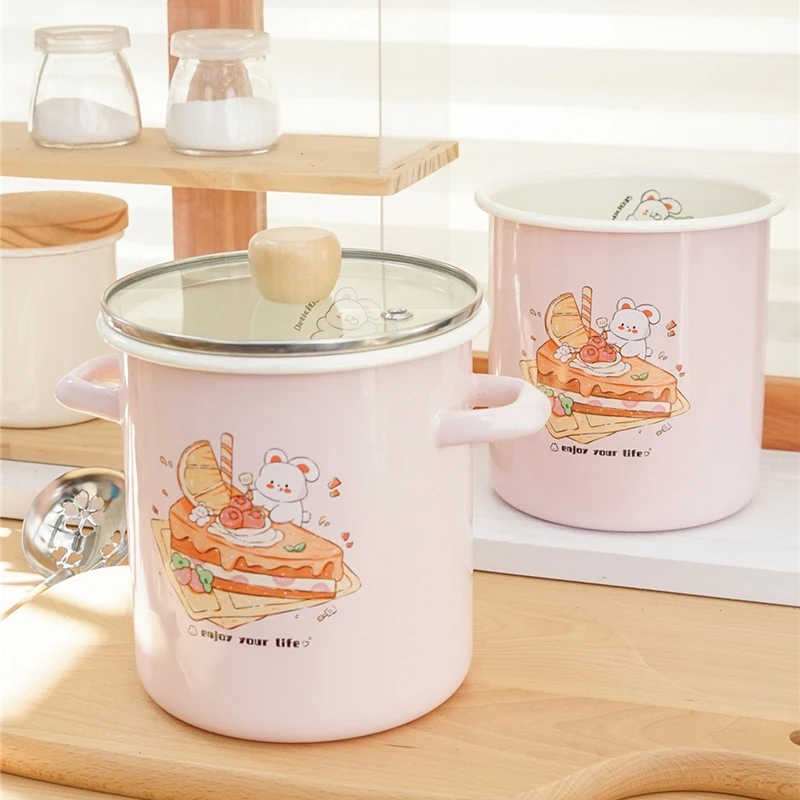 Pink Enamel Soup Pot Cute Rabbit High Boiled Pasta Cooking