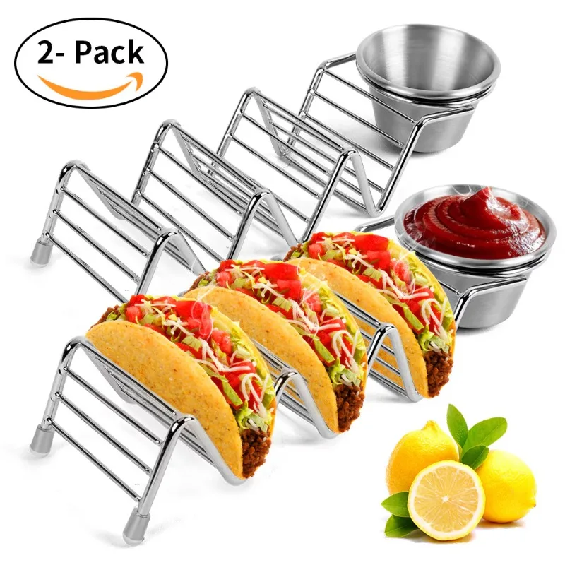 Stainless Steel Taco Stand Set with Detachable Sauce Cups, Spoon, and Condiment Holders Rust-Resistant Food Rack for Kitchen