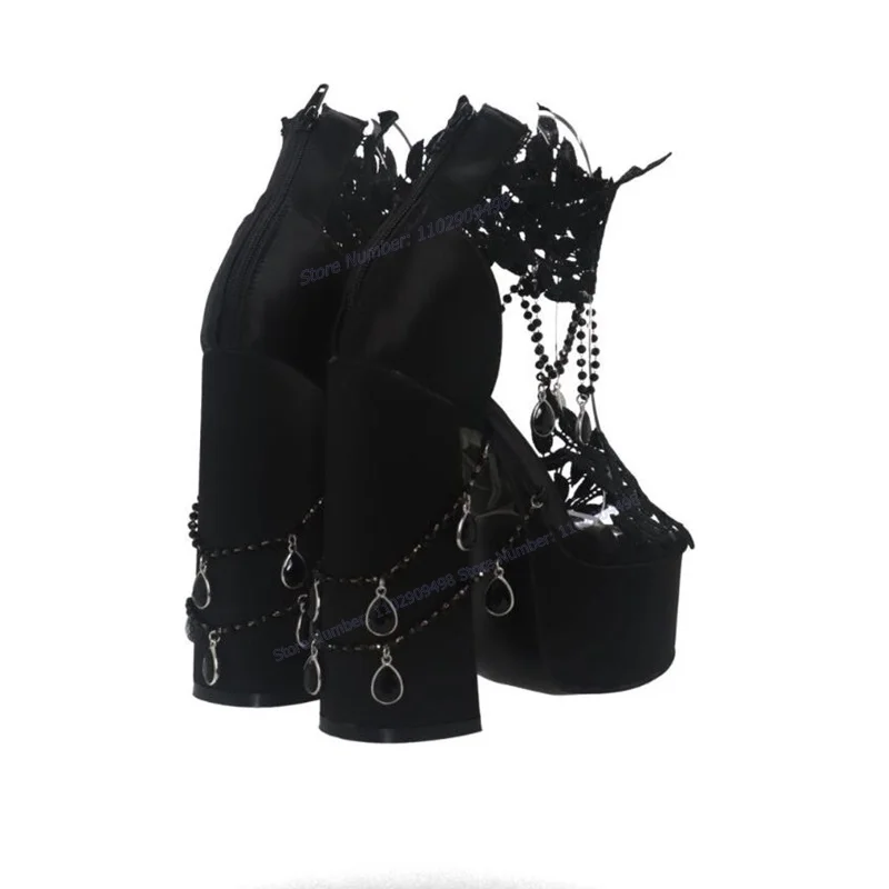 Black Crystal Decor Platform Sandals Pointed Open Toe Shoes for Women Chunky High Heels Gothic Shoes 2023 Zapatos Para Mujere